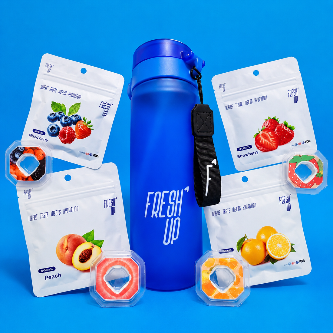FreshUp Blue Bottle + 4 Capsules of your choice